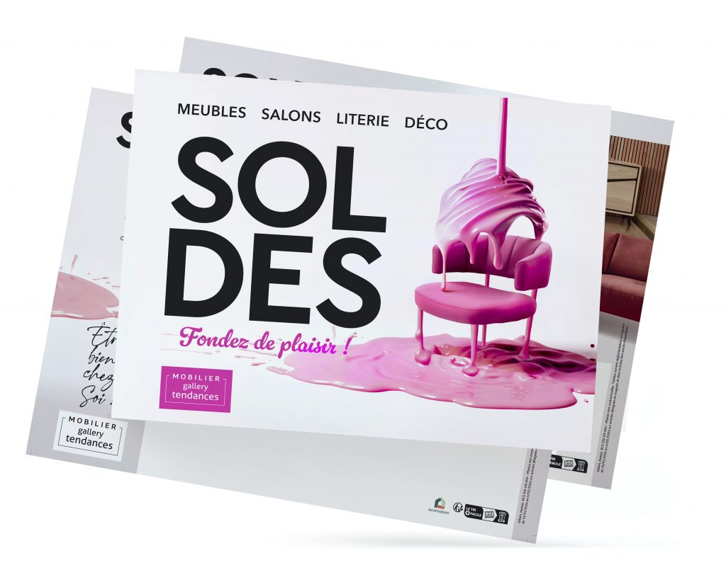 Photomontage d'un mockup de carte et tract pour la campagne des soldes de juin 2024 de Mobilier Gallery Tendances, avec des visuels percutants mettant en avant les offres.