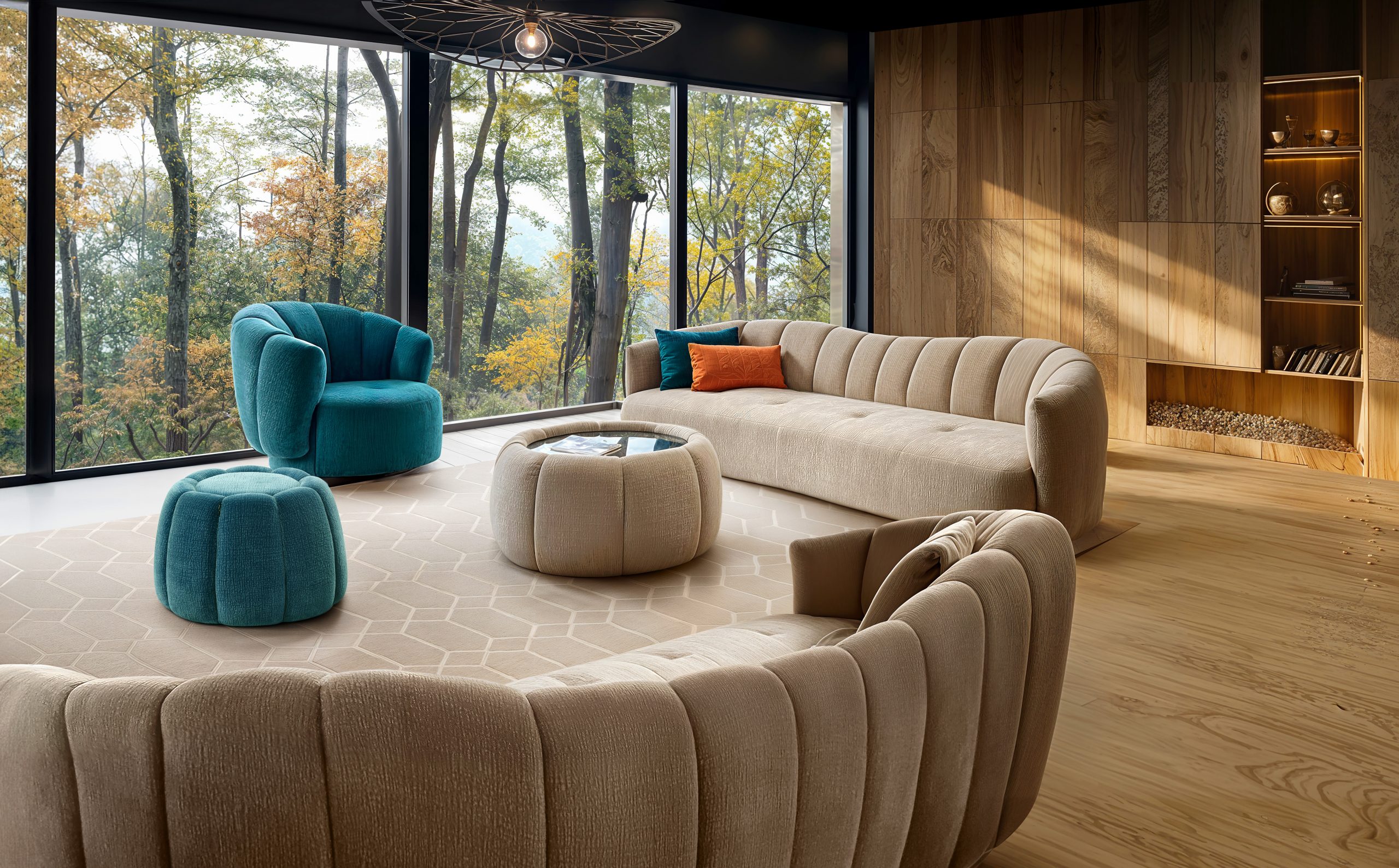 Photomontage du canapé Stone de Story, intégré dans une ambiance de mobilier contemporain en magasin, créant une atmosphère moderne et accueillante.
