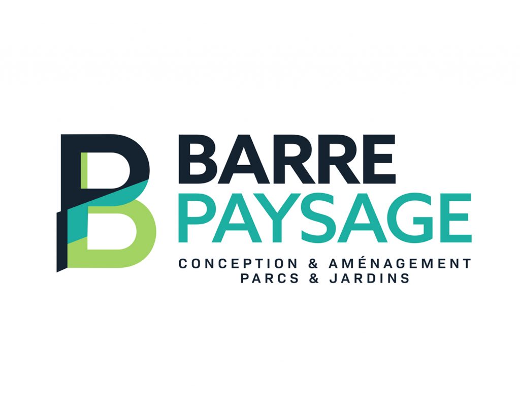 Photomontage du logo de Barre Paysage, conçu avec des éléments graphiques qui évoquent la nature et l'aménagement extérieur. Le design du logo est moderne et épuré, mettant en avant l'expertise de l'entreprise dans le domaine du paysagisme.