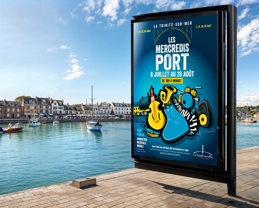Photomontage d'une affiche abribus pour "Les Mercredis du Port" à La Trinité-sur-Mer, mettant en avant une communication festive et attrayante, avec des visuels dynamiques et un design captivant.