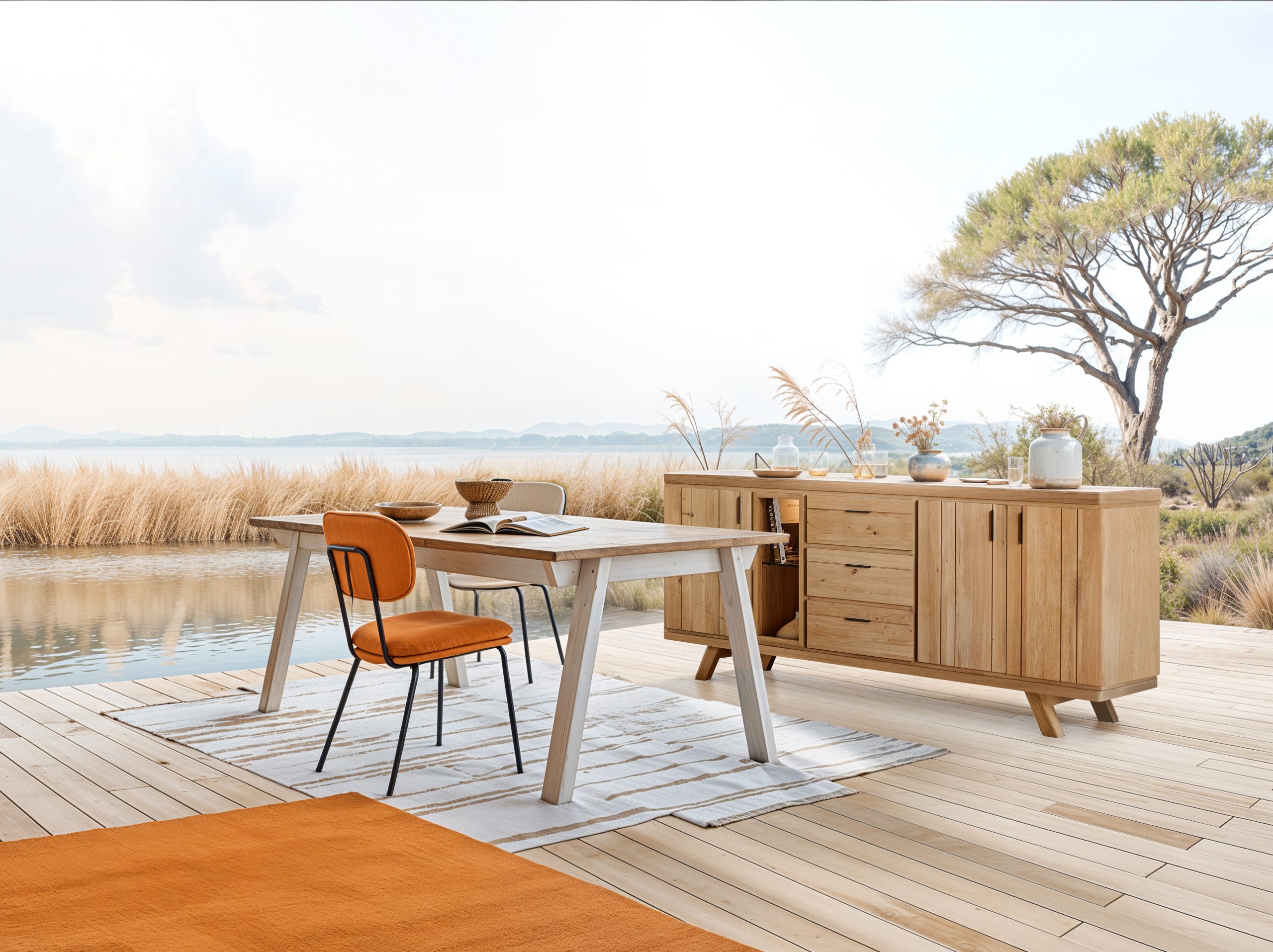 Empty old wood plank wall 3d render,There are concrete floor,Behide the backdrop is a tropical garden,sunlight shine into the room.