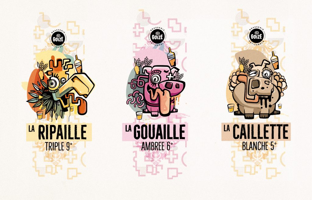 Création graphique des bières Goz, incluant le design des étiquettes, du packaging et des supports visuels, reflétant l'identité unique de la marque avec un style moderne et percutant.