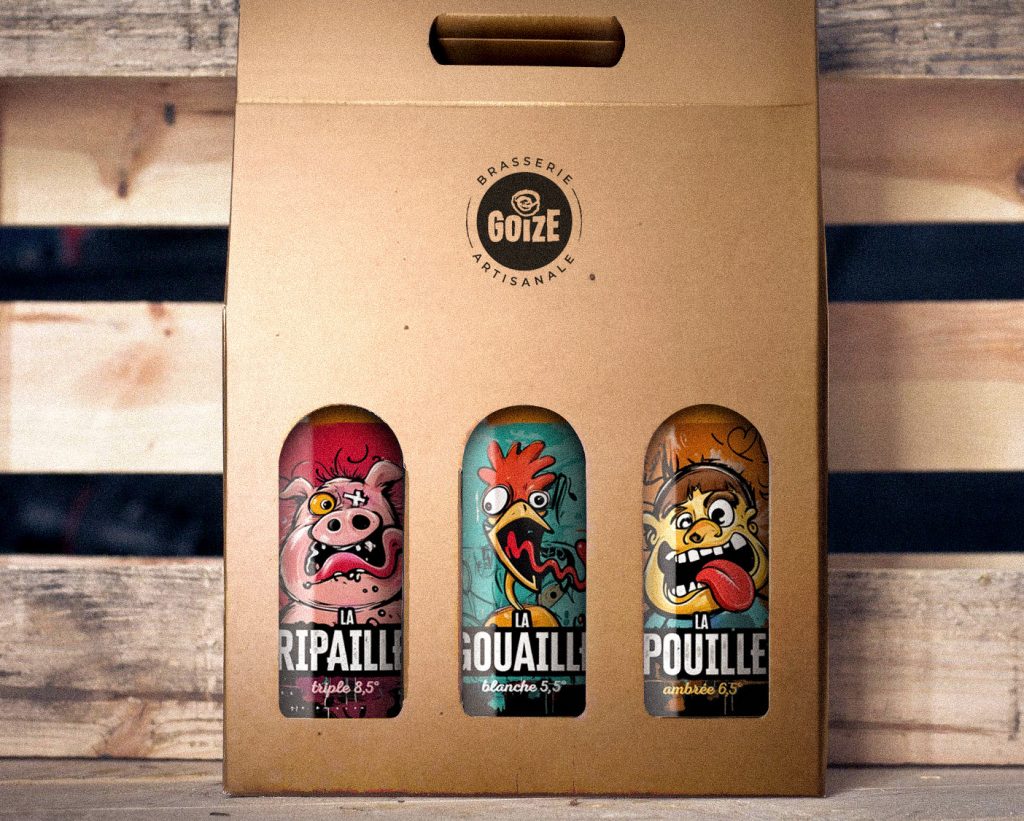 Photomontage du packaging du coffret de bières Goz, mettant en valeur l’emballage élégant et attractif qui reflète l’identité de la marque, avec un design soigné pour une présentation haut de gamme.