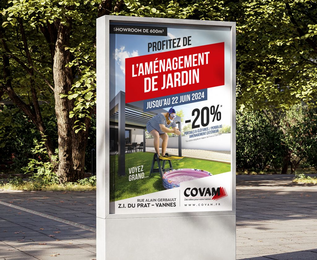 Photomontage de l'aménagement de jardin COVAM sur un abri bus 120x176, mettant en valeur le mobilier de jardin et l'esthétique du design dans un espace urbain.