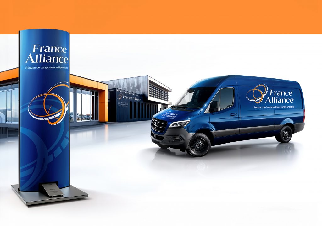 Photomontage d'un totem, marquage de visuel et enseigne avec le logo France Alliance, incluant une retouche d'image pour améliorer la qualité visuelle.