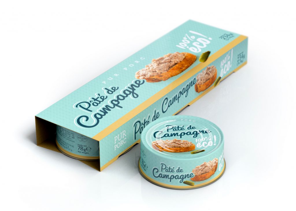 Photomontage et rendu 3D de la cartonnette et boîte 1/10e de pâté de campagne Jean Floc'h, mettant en valeur l'emballage avec un design soigné et une présentation réaliste du produit.