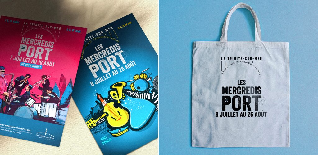 Goodies pour Les Mercredis du Port à La Trinité-sur-Mer : tote bags, flyers aux couleurs estivales. Des articles pratiques et fun pour prolonger l'expérience de cet événement incontournable tout en valorisant son identité maritime et festive.